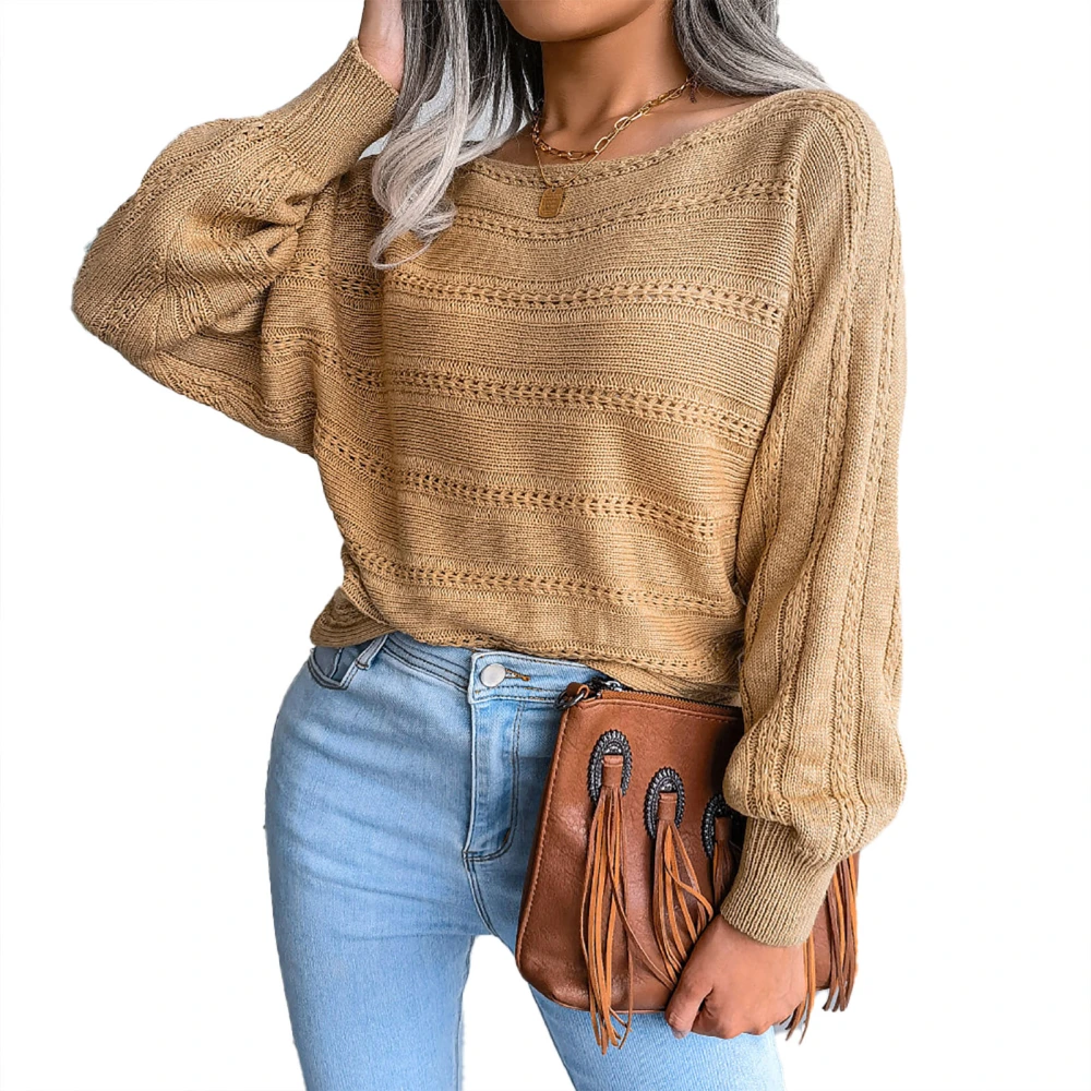 Long Sleeve Off Shoulder Knitted Top Loose Comfortable Stylish Casual Hollow Knitted Top for Women Khaki L