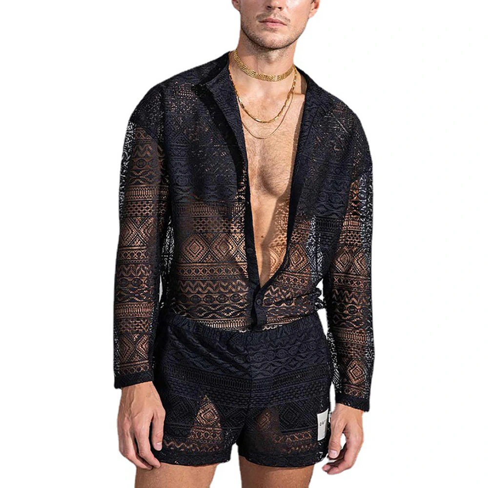 Men Lace Shirt Set Floral Long Sleeve Pure Color Breathable Casual Hollow Shorts Set for Male Black XXL