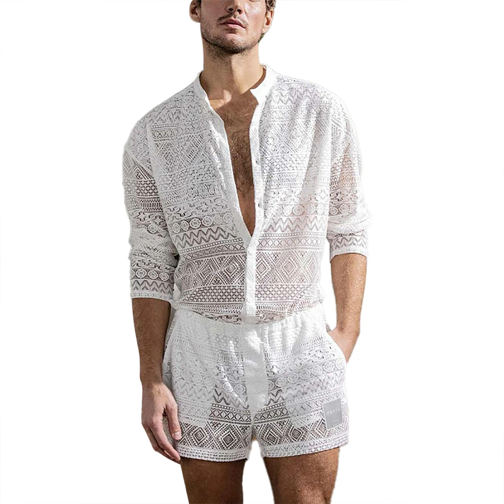 Men Lace Shirt Set Floral Long Sleeve Pure Color Breathable Casual Hollow Shorts Set for Male White XXL