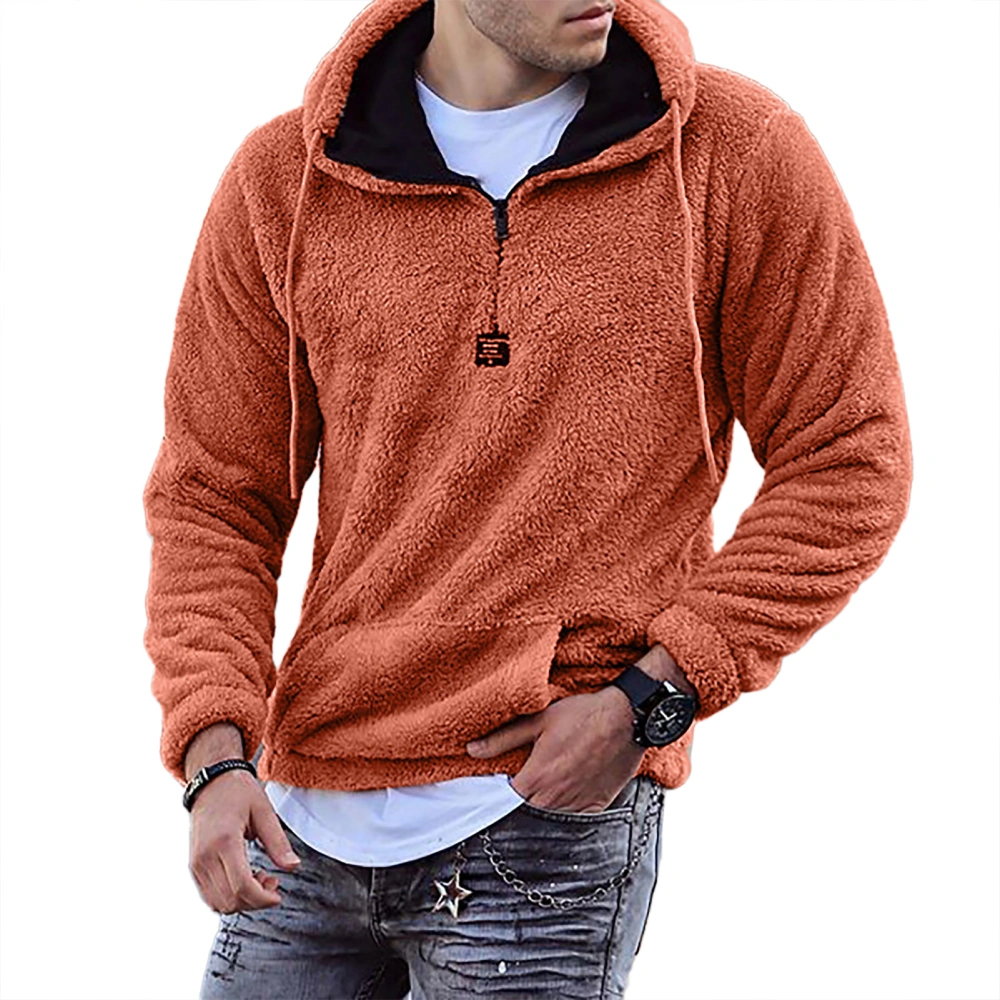 Man Long Sleeve Hoodie Loose Neckline Zipper Pure Color Fashionable Male Skin Friendly Hooded Sweatshirt Orange M