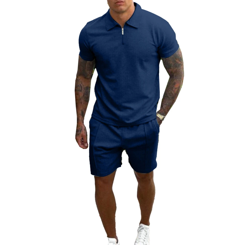 Man Sweatshirt Short Pants Suit Pure Color Turn Down Collar Zipper Breathable Skin Friendly Male T Shirt Set Purplish Blue M