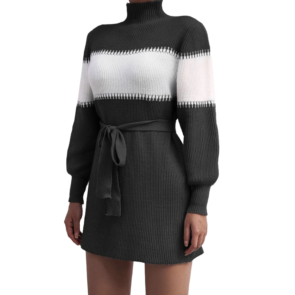 Knit Dress Long Sleeve High Neck Color Block Stitching Fashionable Women Short Knit Dress with Belt Black S