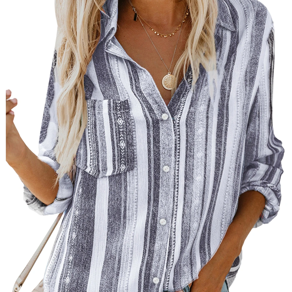 Vertical Striped Shirt Women Striped Lapel Long Sleeve Single Breasted Breathable Polyester Fiber Striped Blouses for Daily Grey S