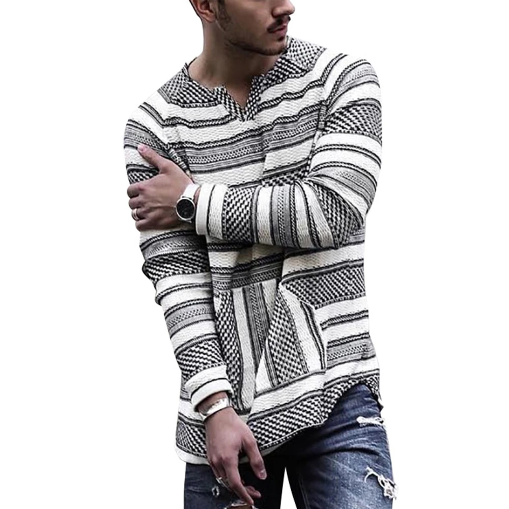 Blouse Stripe Pattern V Neck Pocket Long Sleeve Fashionable Comfortable Tops for Men As Shown in The Picture XL