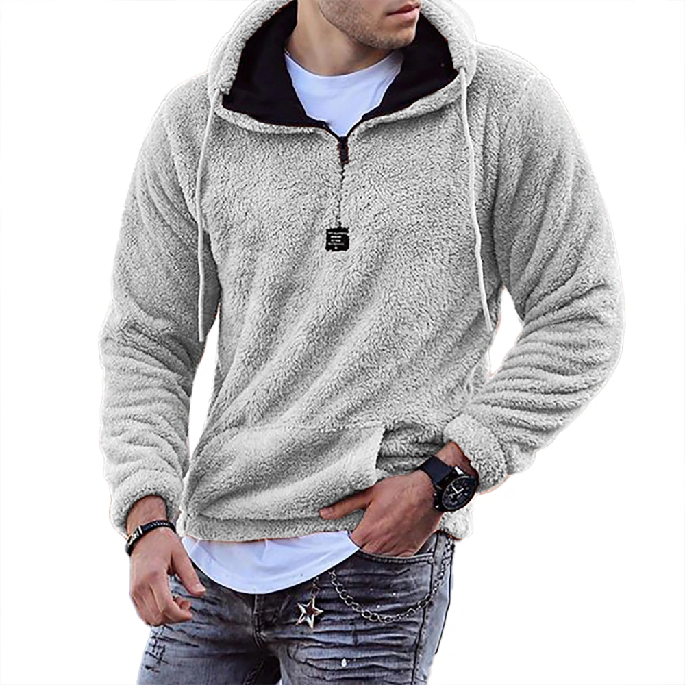 Man Long Sleeve Hoodie Loose Neckline Zipper Pure Color Fashionable Male Skin Friendly Hooded Sweatshirt Light Gray S