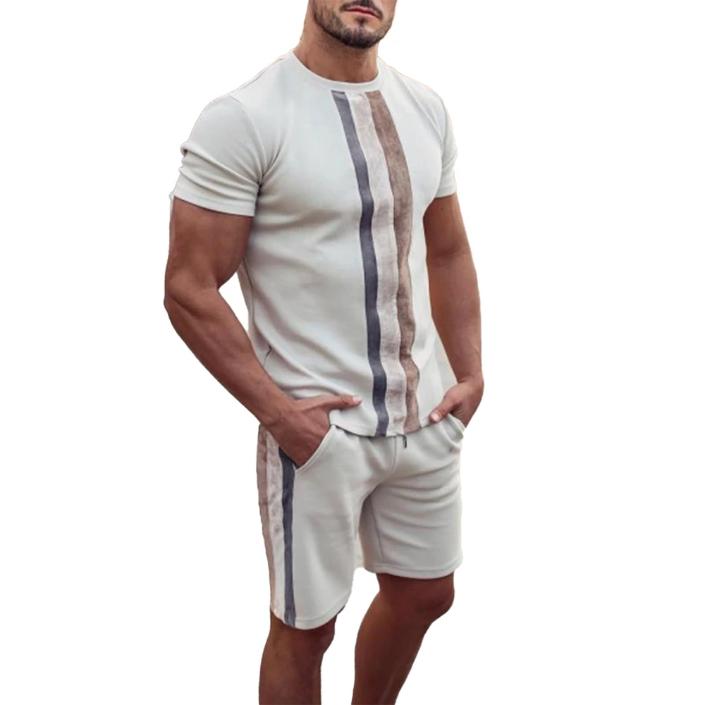 Men Casual Shorts Set Contrasting Color Design Round Neck Short Sleeve Top Shorts Men Summer Tracksuit Outfits Beige XL