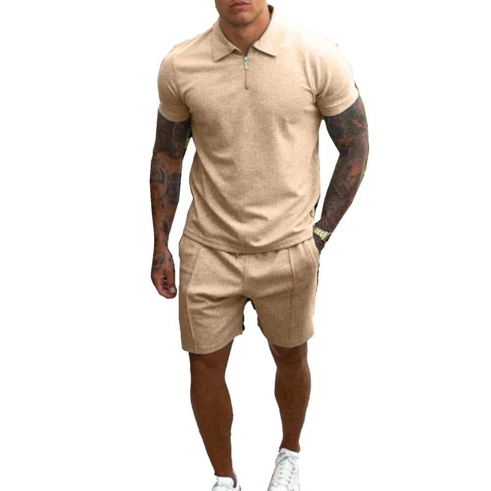 Man Sweatshirt Short Pants Suit Pure Color Turn Down Collar Zipper Breathable Skin Friendly Male T Shirt Set Khaki 3XL