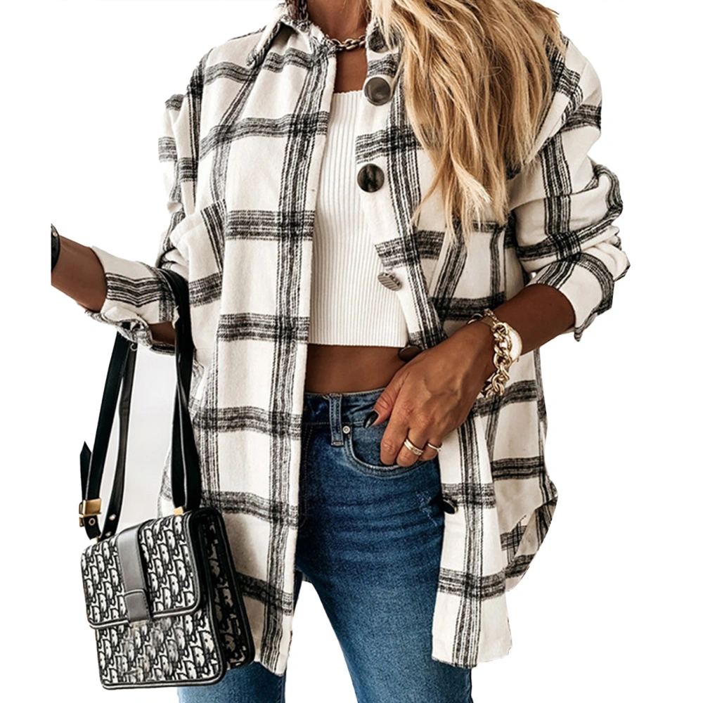 Women Long Sleeve Plaid Coat Lapel Button Down Stylish Casual Loose Comfortable Plaid Coat Shirt Black White S