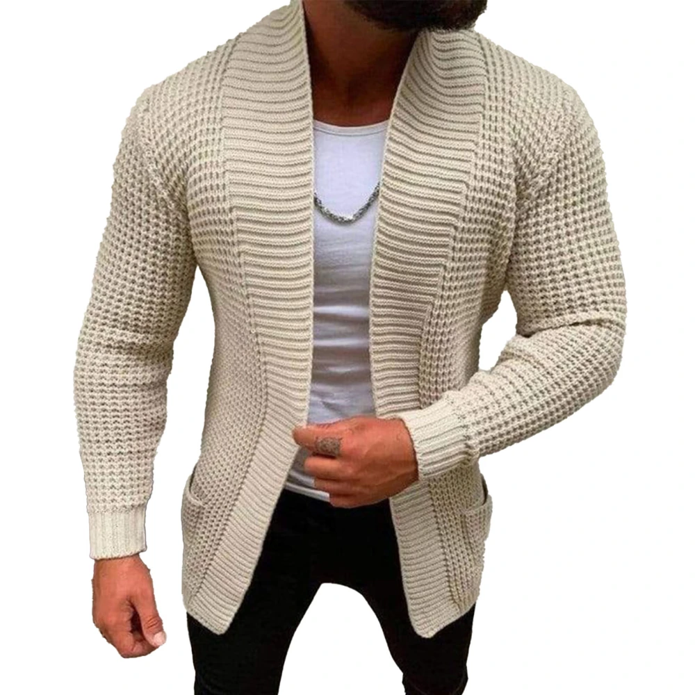 Cardigan Knit Pure Color Long Sleeve Pocket Casual Comfortable Sweater Coat for Men Beige M