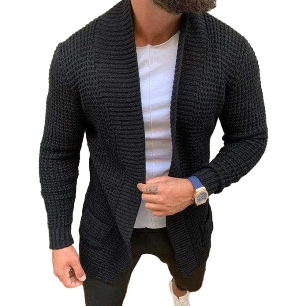 Cardigan Knit Pure Color Long Sleeve Pocket Casual Comfortable Sweater Coat for Men Black L