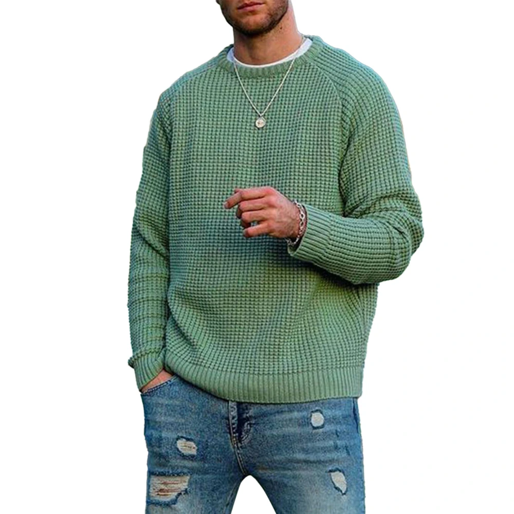 Sweater Round Neck Long Raglan Sleeves Solid Color Casual Comfortable Men Pullover Green XL