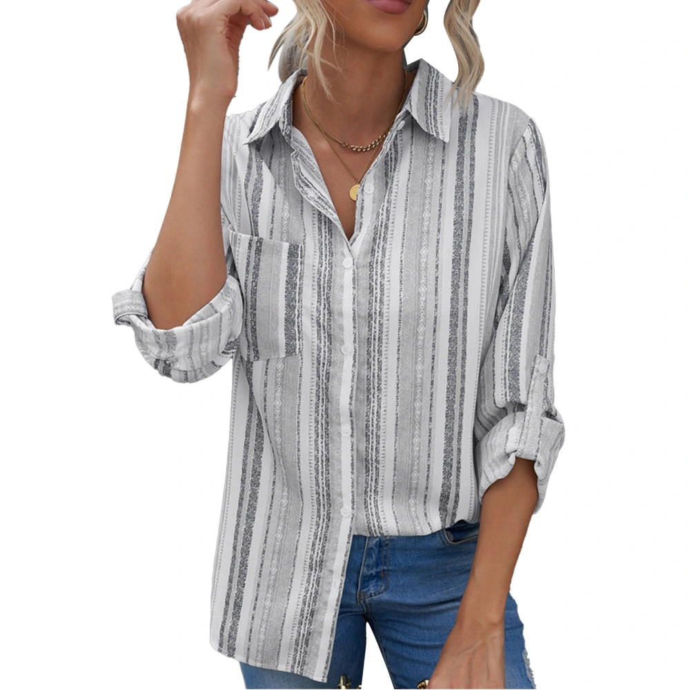 Vertical Striped Shirt Women Striped Lapel Long Sleeve Single Breasted Breathable Polyester Fiber Striped Blouses for Daily Black S