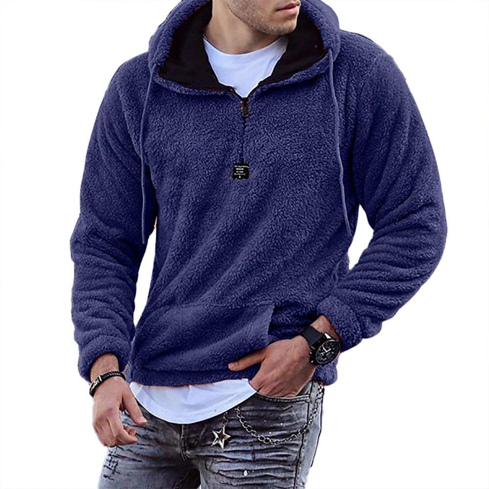 Man Long Sleeve Hoodie Loose Neckline Zipper Pure Color Fashionable Male Skin Friendly Hooded Sweatshirt Dark Blue 3XL