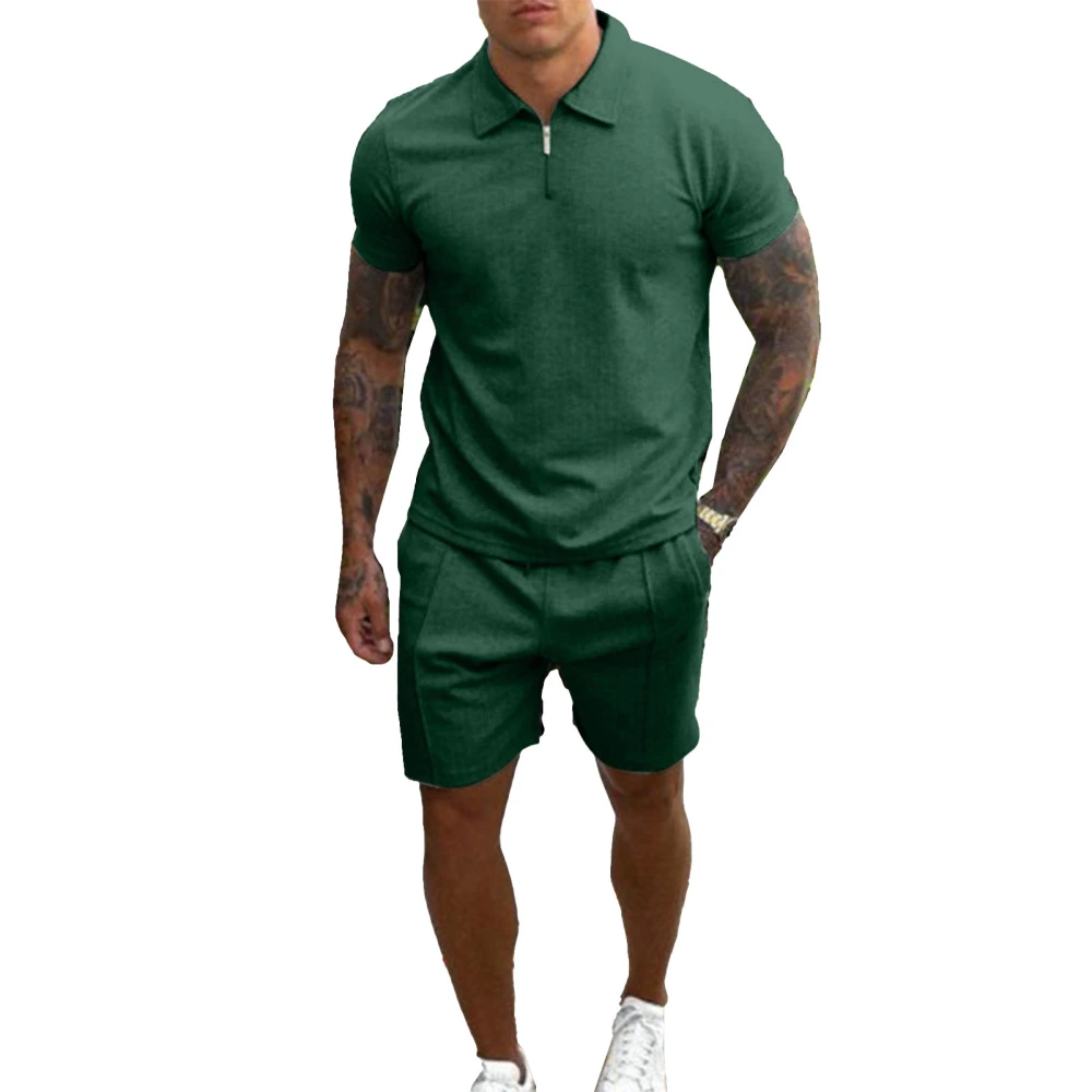 Man Sweatshirt Short Pants Suit Pure Color Turn Down Collar Zipper Breathable Skin Friendly Male T Shirt Set Green XL