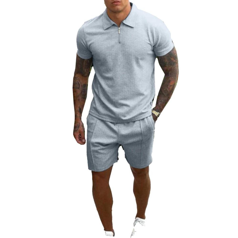 Man Sweatshirt Short Pants Suit Pure Color Turn Down Collar Zipper Breathable Skin Friendly Male T Shirt Set Light Blue XL