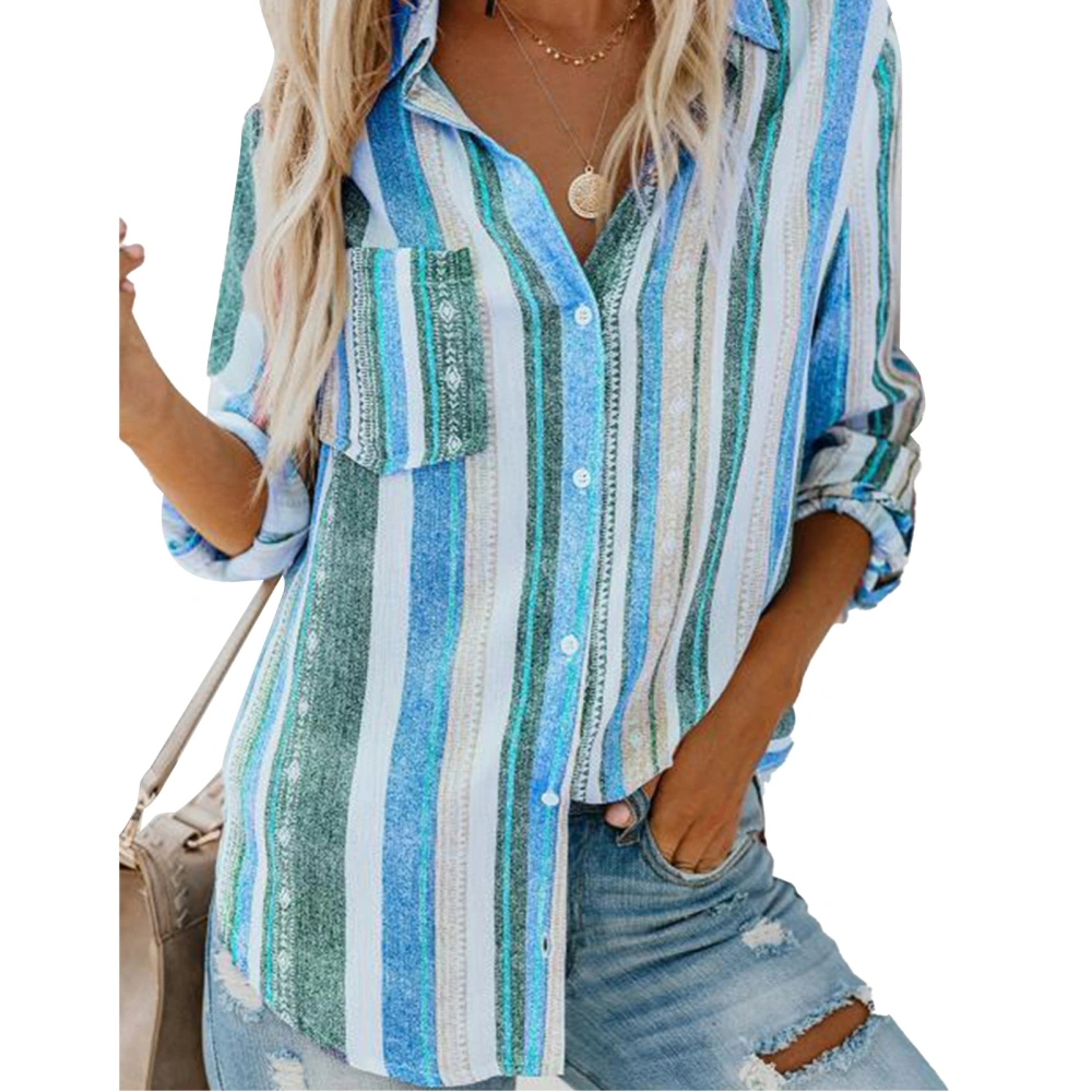 Vertical Striped Shirt Women Striped Lapel Long Sleeve Single Breasted Breathable Polyester Fiber Striped Blouses for Daily Green S