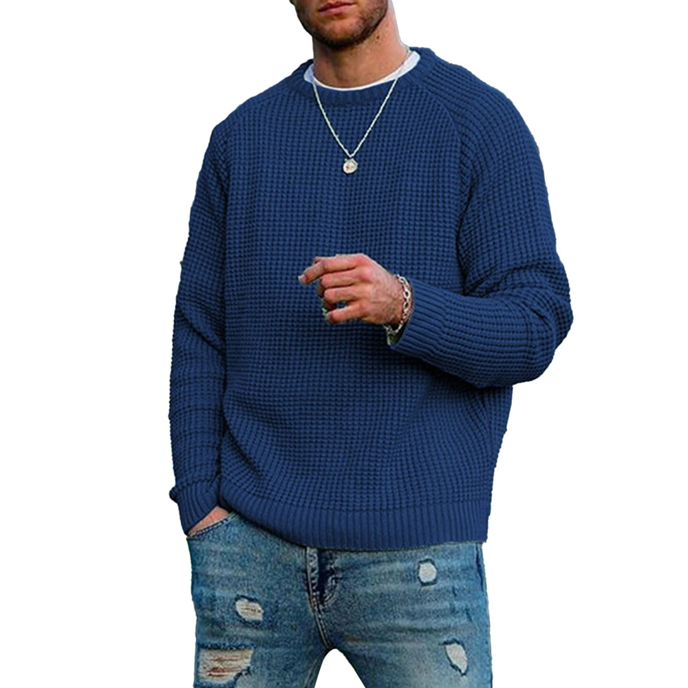 Sweater Round Neck Long Raglan Sleeves Solid Color Casual Comfortable Men Pullover Blue L