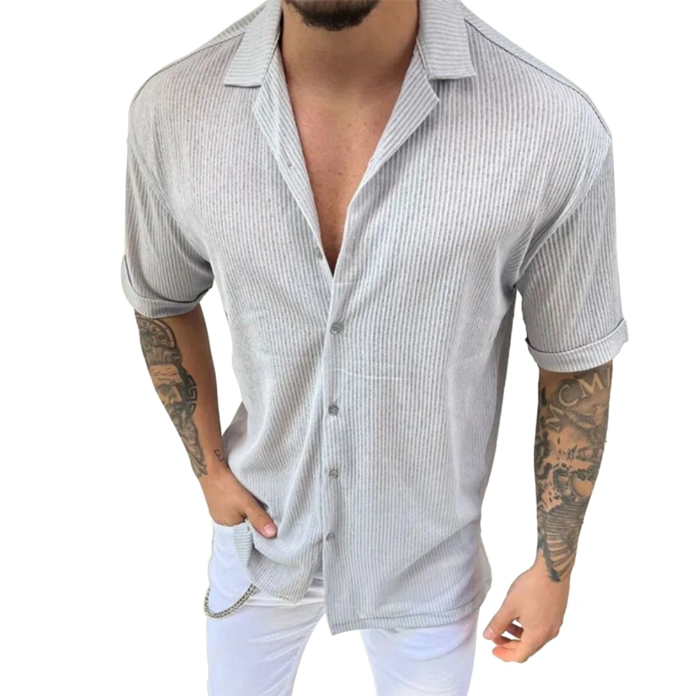 Knit Shirt Short Sleeve Lapel Single Breasted Slim Fashionable Casual Blouse for Men Grey 3XL