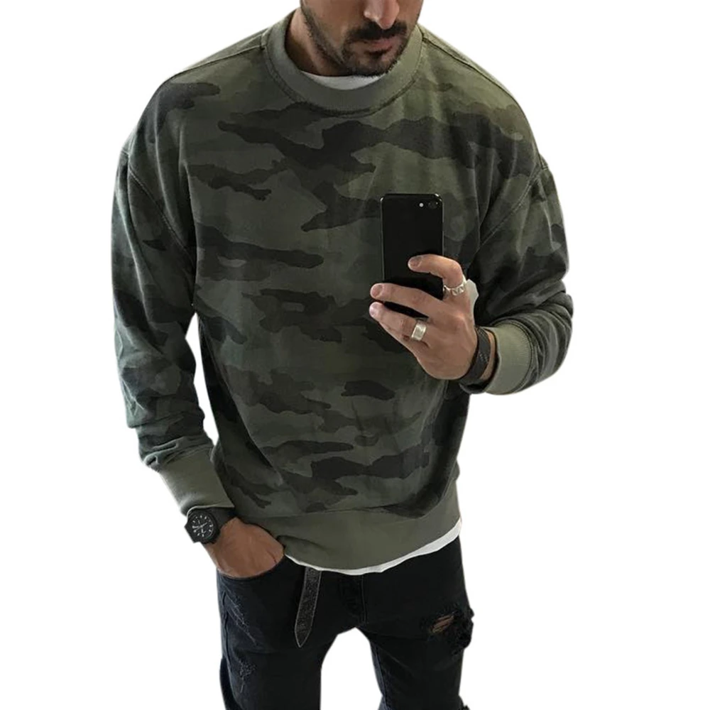 Hoodie Round Neck Long Sleeve Camouflage Printed Fashionable Casual Tops for Men As Shown in The Picture S