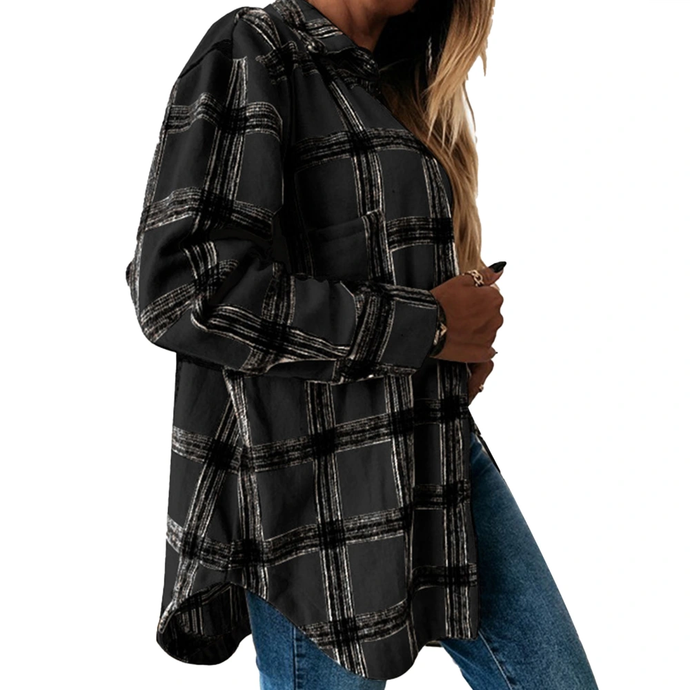 Women Long Sleeve Plaid Coat Lapel Button Down Stylish Casual Loose Comfortable Plaid Coat Shirt Black S