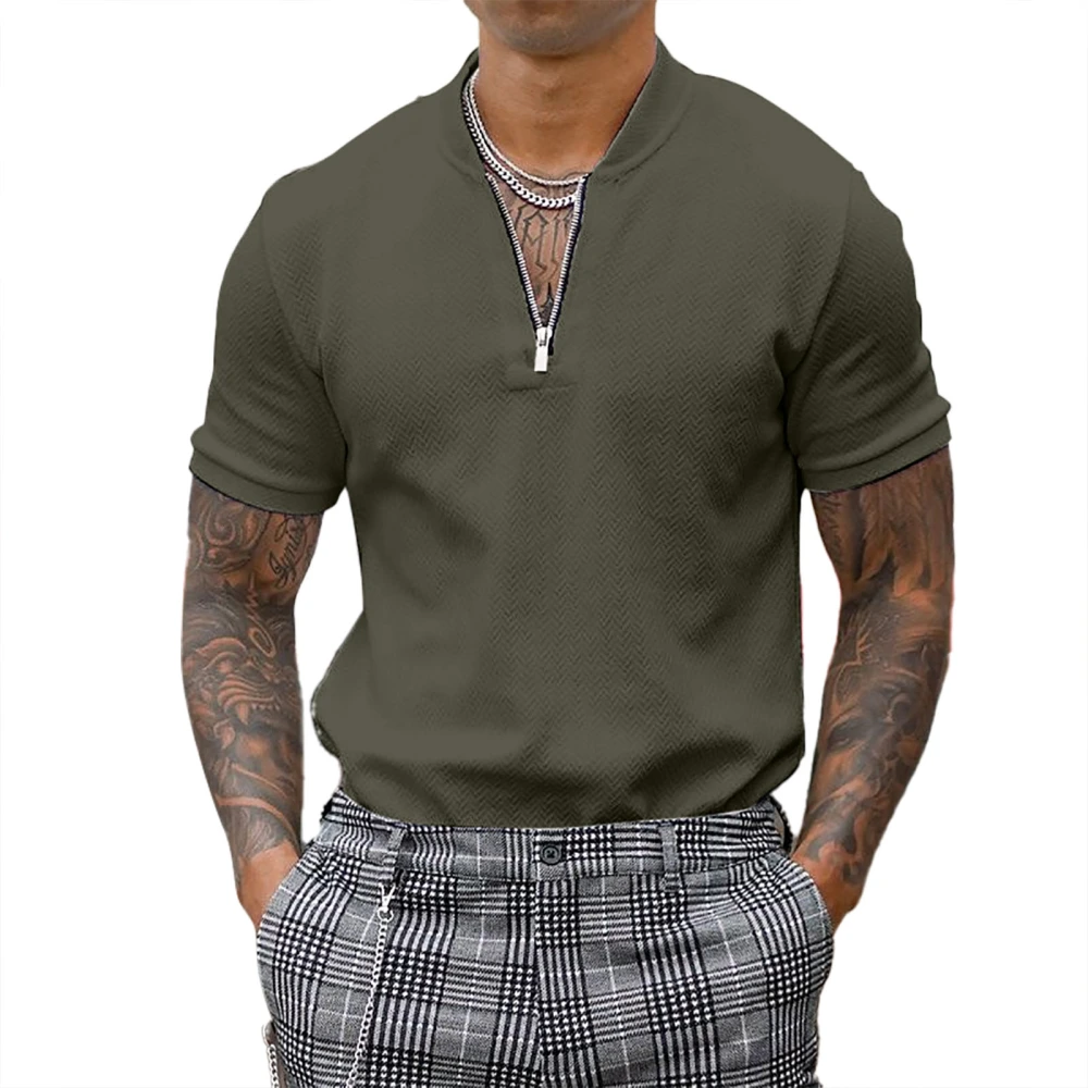 Men Slim Fit T Shirt Casual Pure Color Zipper Mock Neck Short Sleeve for Daily Wear Green 3XL