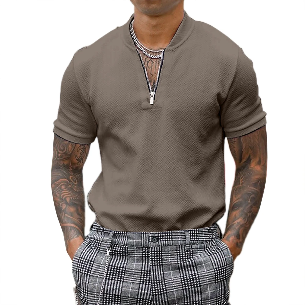 Men Slim Fit T Shirt Casual Pure Color Zipper Mock Neck Short Sleeve for Daily Wear Khaki S