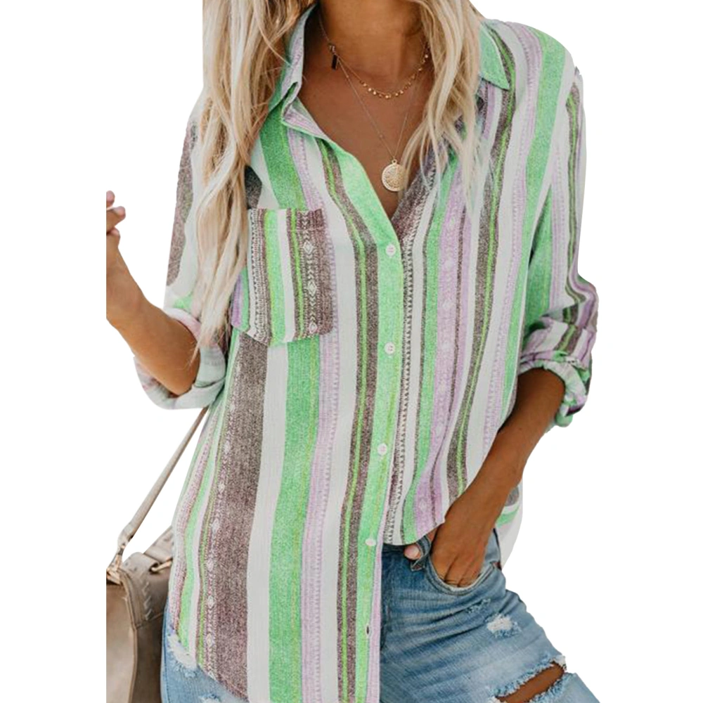 Vertical Striped Shirt Women Striped Lapel Long Sleeve Single Breasted Breathable Polyester Fiber Striped Blouses for Daily Bean Green XXL