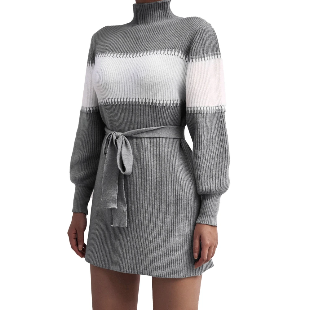 Knit Dress Long Sleeve High Neck Color Block Stitching Fashionable Women Short Knit Dress with Belt Grey XL