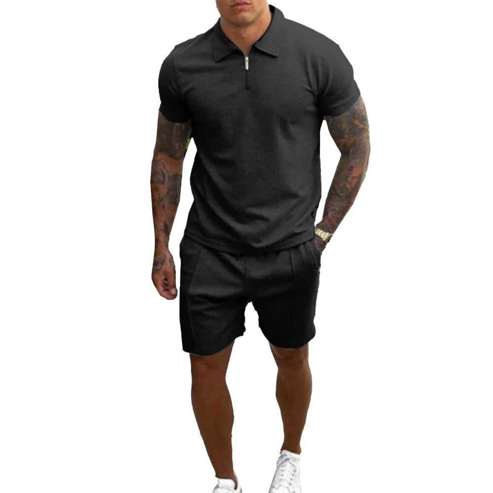 Man Sweatshirt Short Pants Suit Pure Color Turn Down Collar Zipper Breathable Skin Friendly Male T Shirt Set Black XL