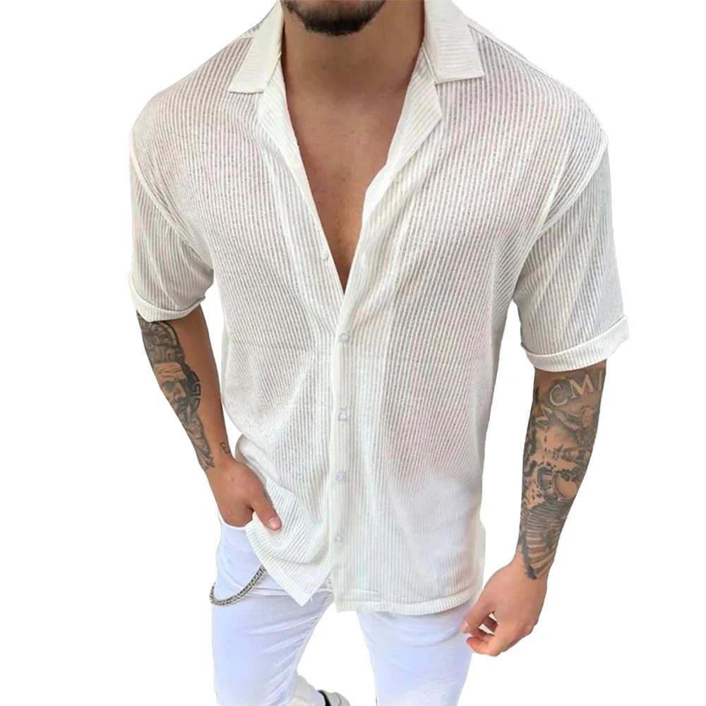 Knit Shirt Short Sleeve Lapel Single Breasted Slim Fashionable Casual Blouse for Men White XXL