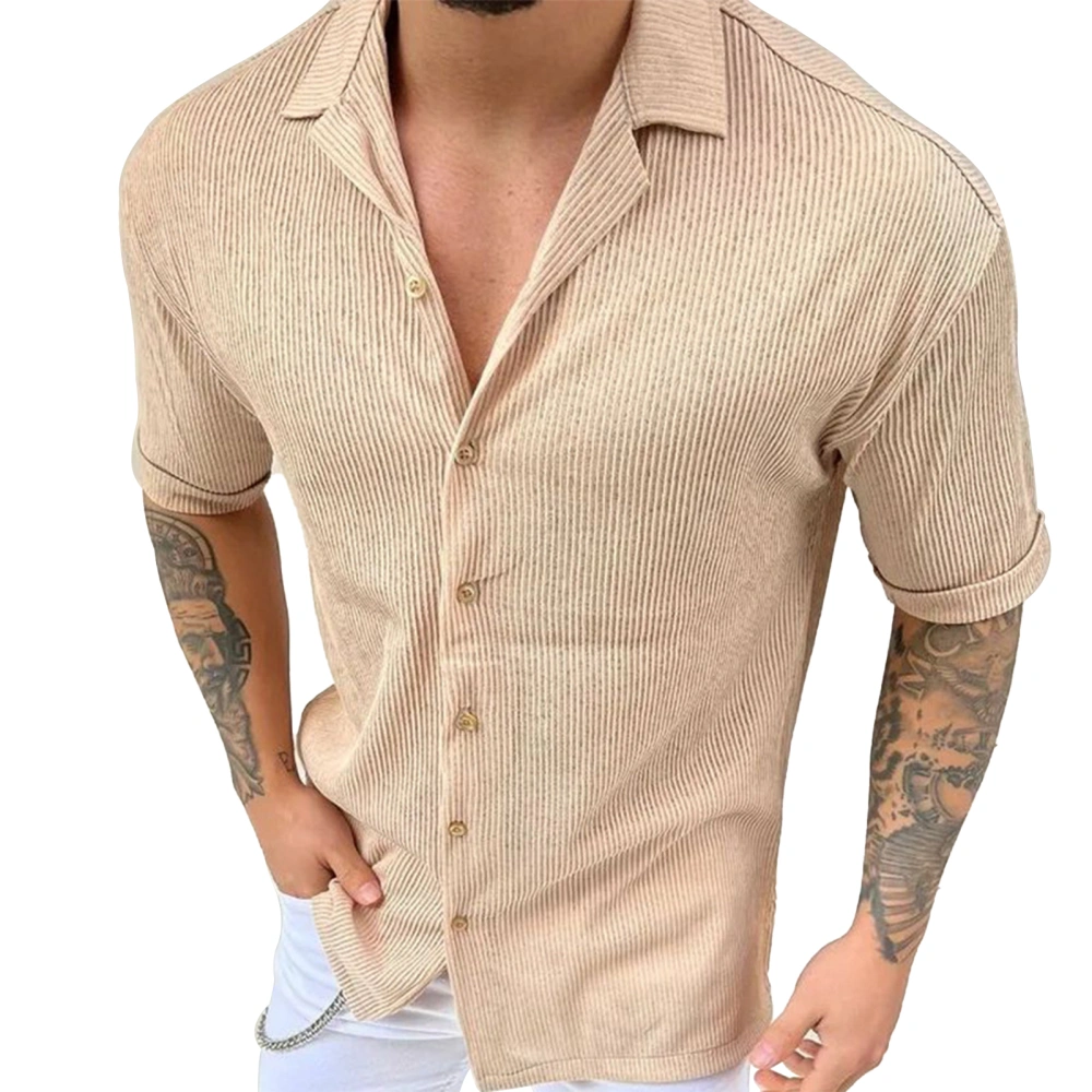 Knit Shirt Short Sleeve Lapel Single Breasted Slim Fashionable Casual Blouse for Men Apricot XL