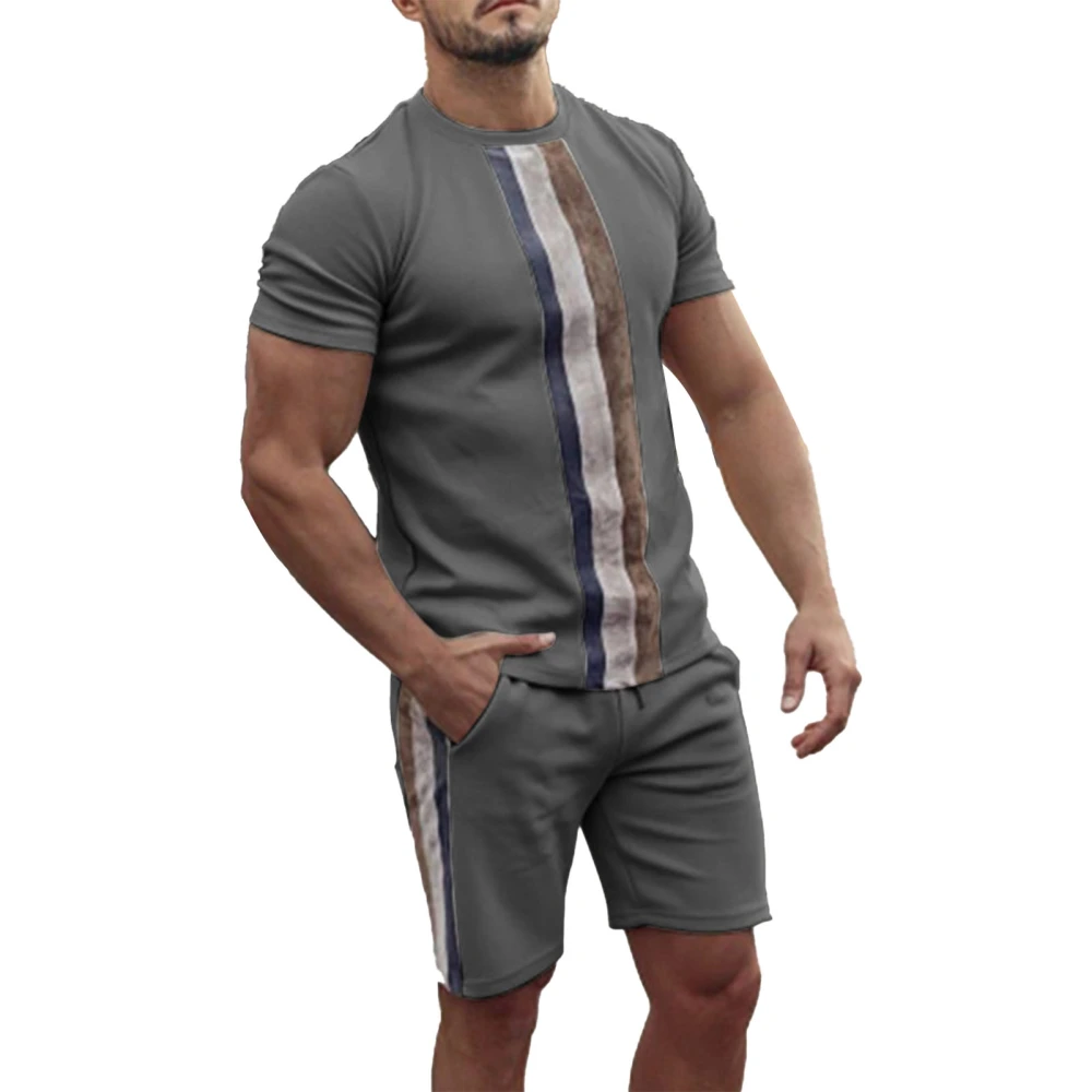 Men Casual Shorts Set Contrasting Color Design Round Neck Short Sleeve Top Shorts Men Summer Tracksuit Outfits Gray S