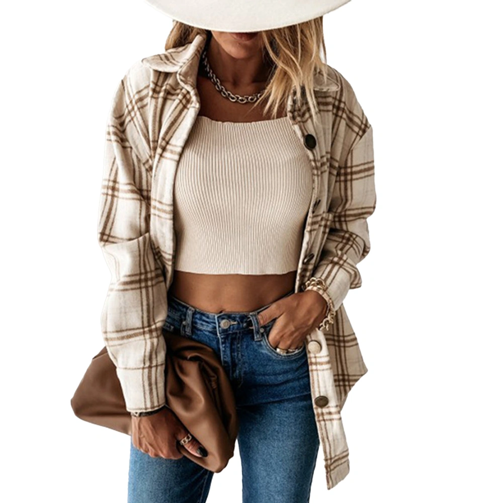 Women Long Sleeve Plaid Coat Lapel Button Down Stylish Casual Loose Comfortable Plaid Coat Shirt Beige M