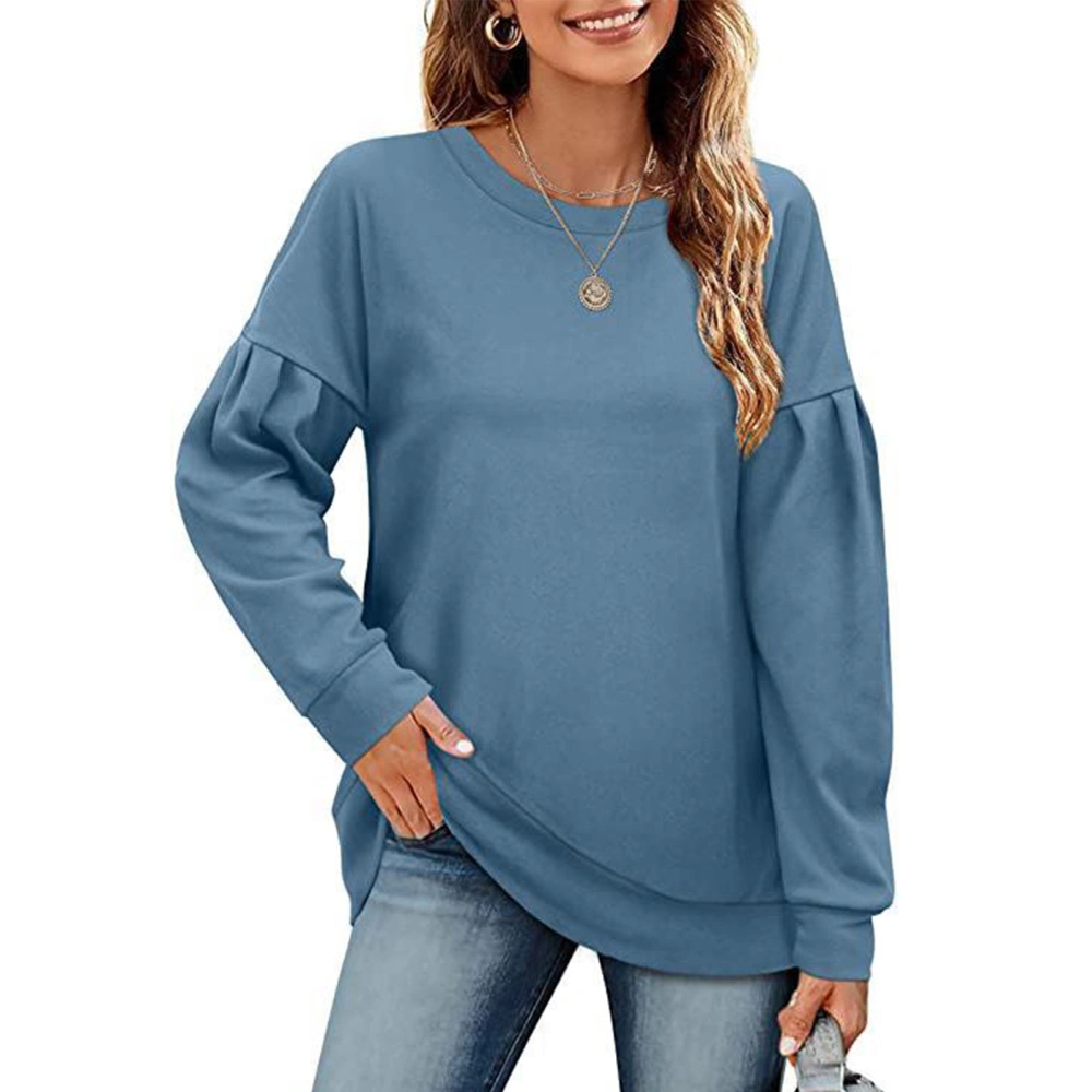 Women Splicing Long Sleeve Sweatshirt Pure Color Round Neck Women Casual Top for Autumn Winter Marine Blue XL