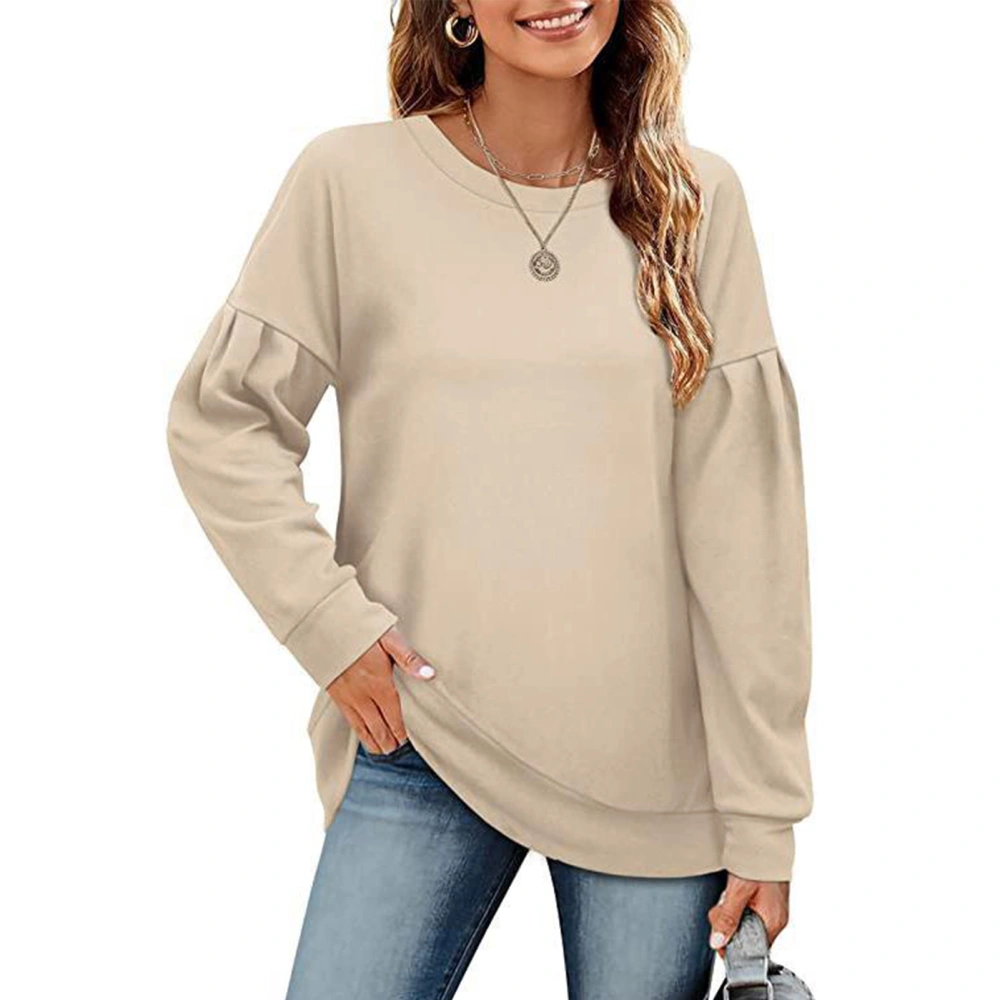 Women Splicing Long Sleeve Sweatshirt Pure Color Round Neck Women Casual Top for Autumn Winter Apricot L