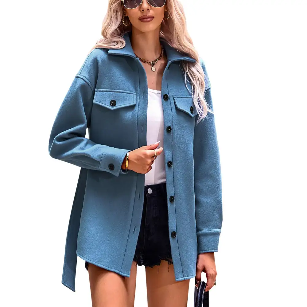 Women Wool Coat Button Down Lapel Belted Long Sleeve Warm Pocket Decoration Women Wool Blend Pea Overcoat for Daily Work Gray Blue M