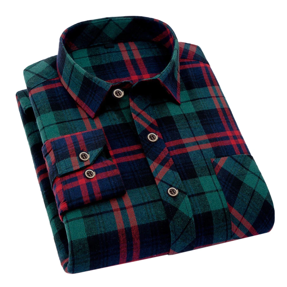 Men Plaid Shirt Turn Down Collar Long Sleeve Single Row Button Classic Top for Male Boys Green Red M