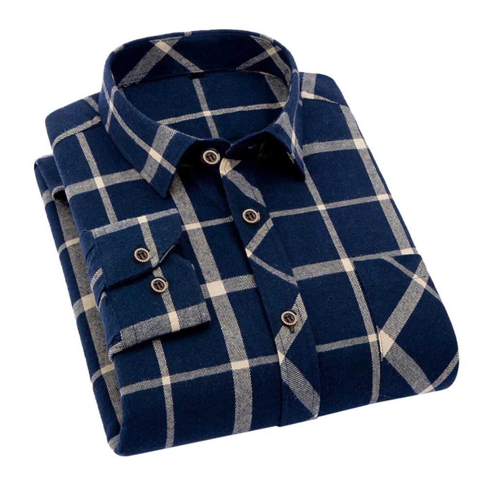 Men Plaid Shirt Turn Down Collar Long Sleeve Single Row Button Classic Top for Male Boys Navy Blue Yellow XXL