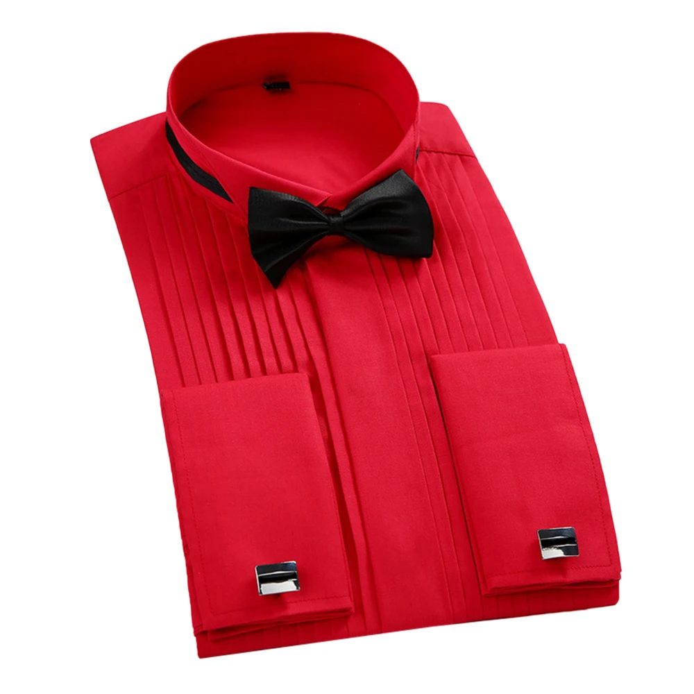 Wedding Tuxedo Shirt Wing Tip Collar with Bow Tie Pleated Shirt Cufflinks Long Sleeve Regular Top for Men Red 39