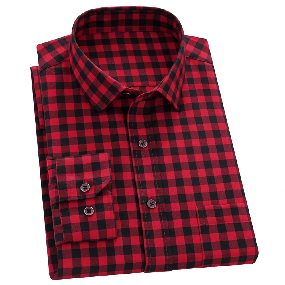 Men Plaid Shirt Lapel Collared Long Sleeve Button Down Plaid Shirt Regular Fit Men Casual Shirt for Working Daily Wear Red 38