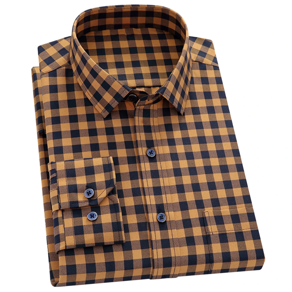 Men Plaid Shirt Lapel Collared Long Sleeve Button Down Plaid Shirt Regular Fit Men Casual Shirt for Working Daily Wear Yellow 42