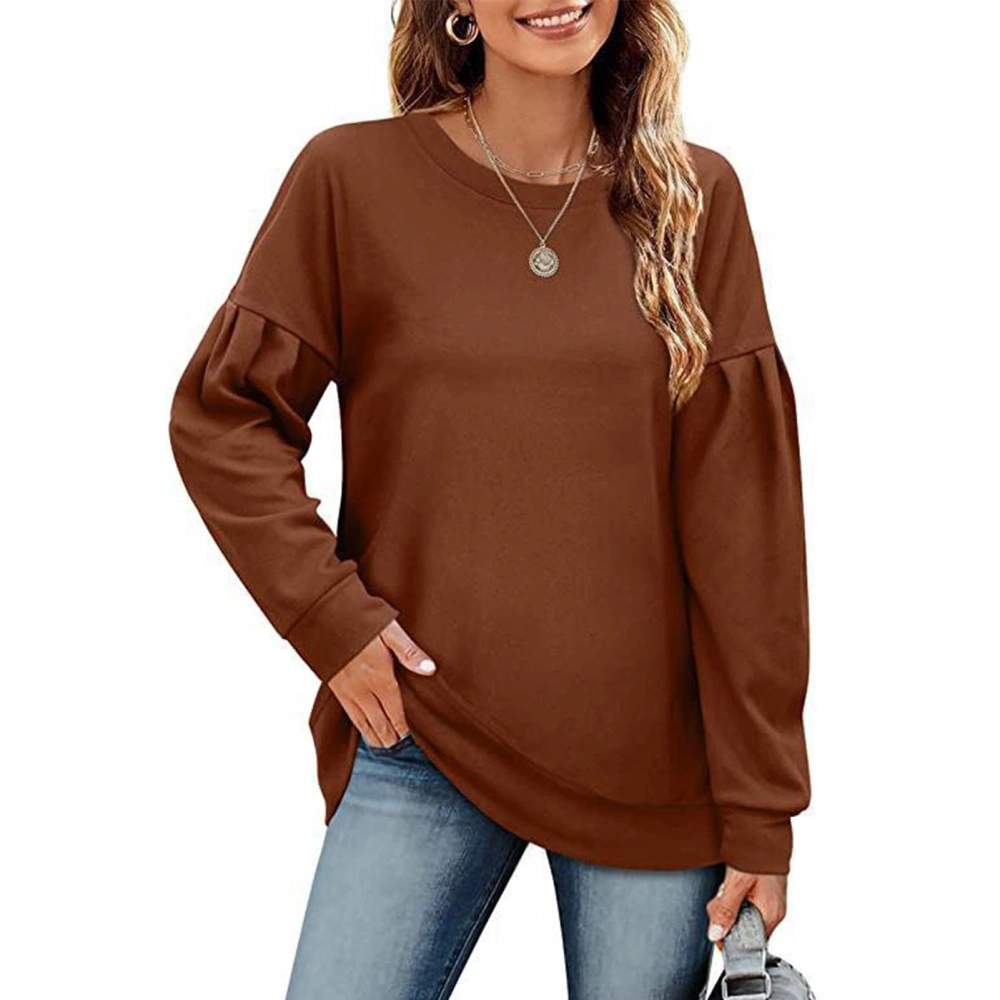 Women Splicing Long Sleeve Sweatshirt Pure Color Round Neck Women Casual Top for Autumn Winter Coffee XXL