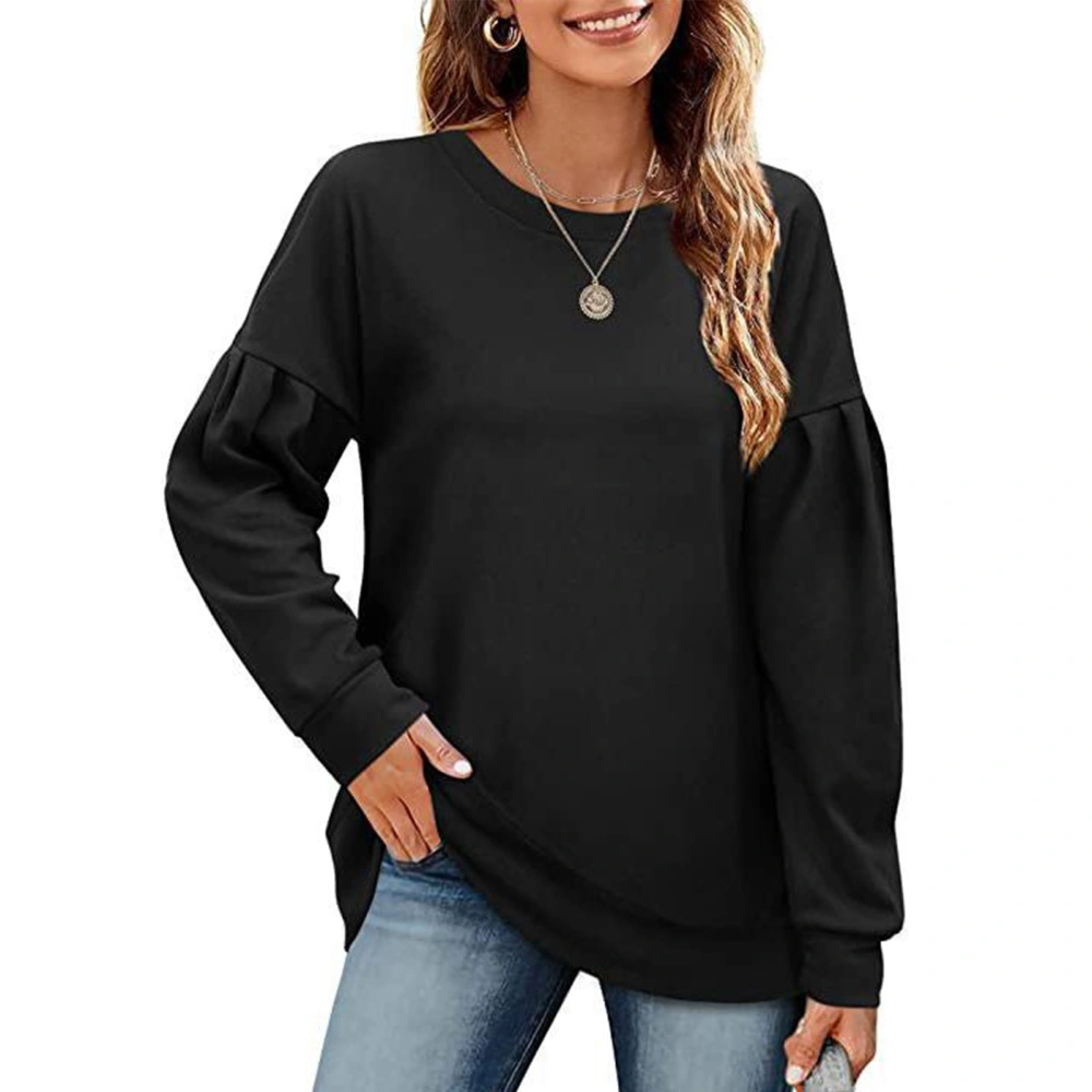 Women Splicing Long Sleeve Sweatshirt Pure Color Round Neck Women Casual Top for Autumn Winter Black XL