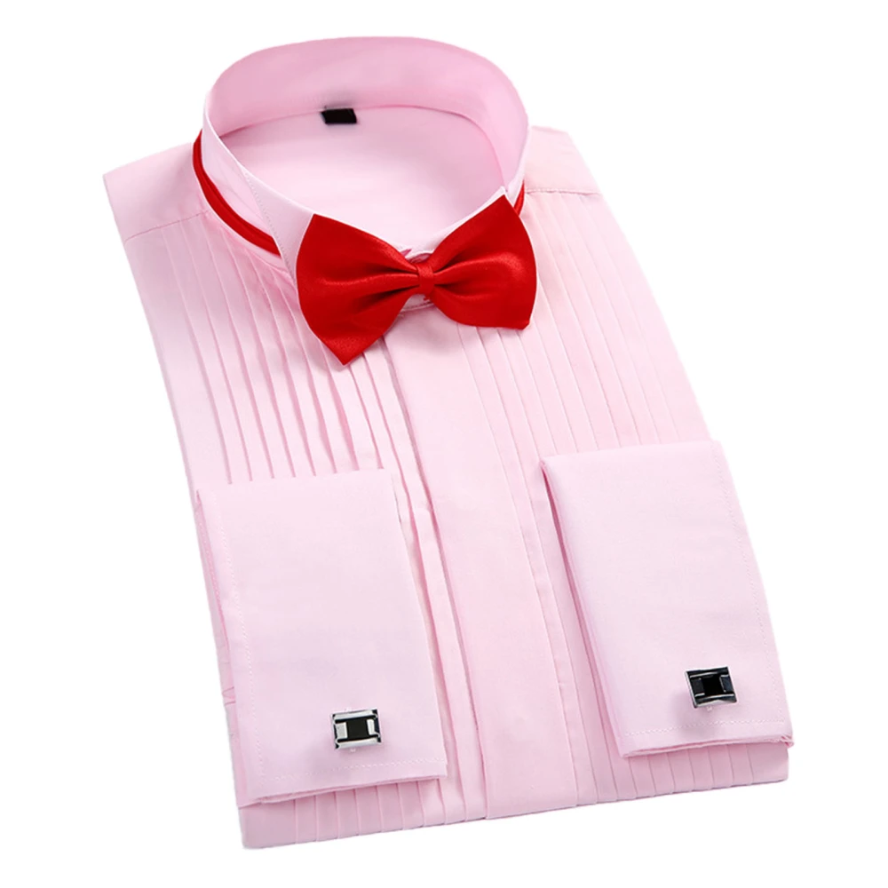 Wedding Tuxedo Shirt Wing Tip Collar with Bow Tie Pleated Shirt Cufflinks Long Sleeve Regular Top for Men Pink 39