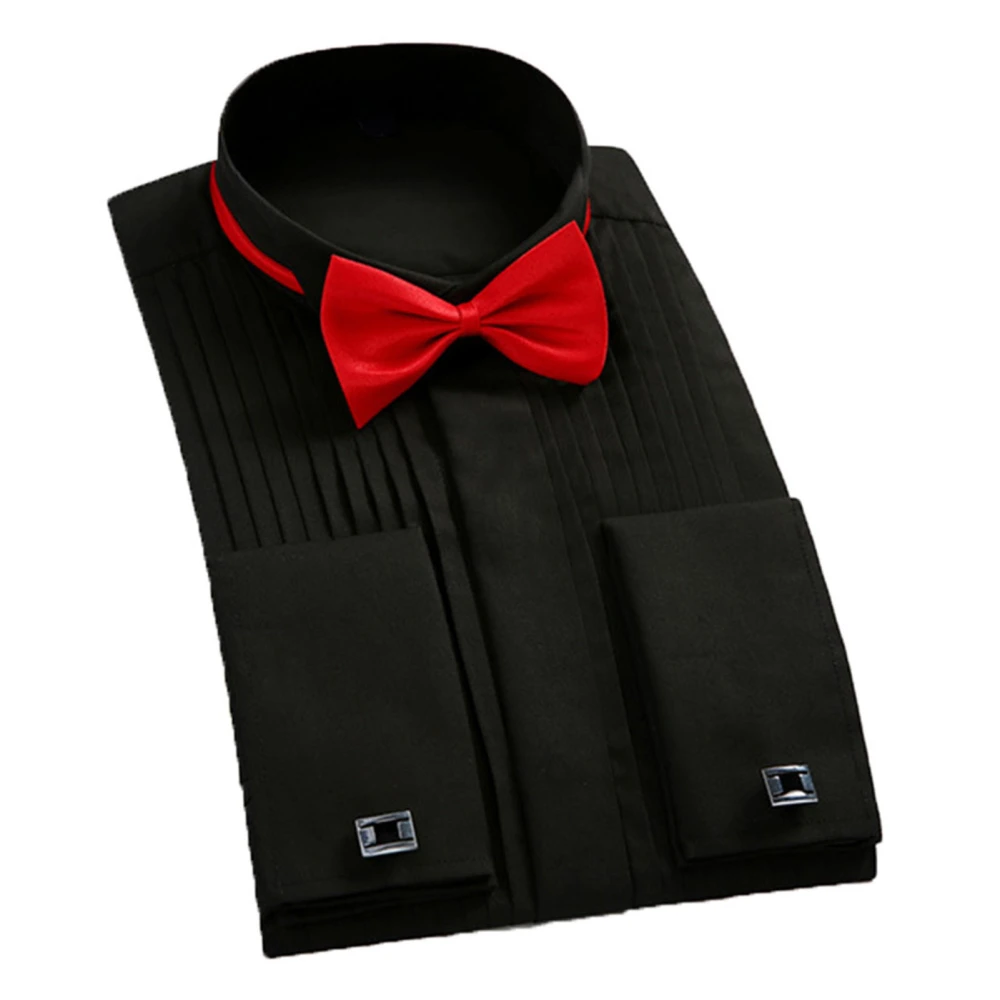 Wedding Tuxedo Shirt Wing Tip Collar with Bow Tie Pleated Shirt Cufflinks Long Sleeve Regular Top for Men Black 40