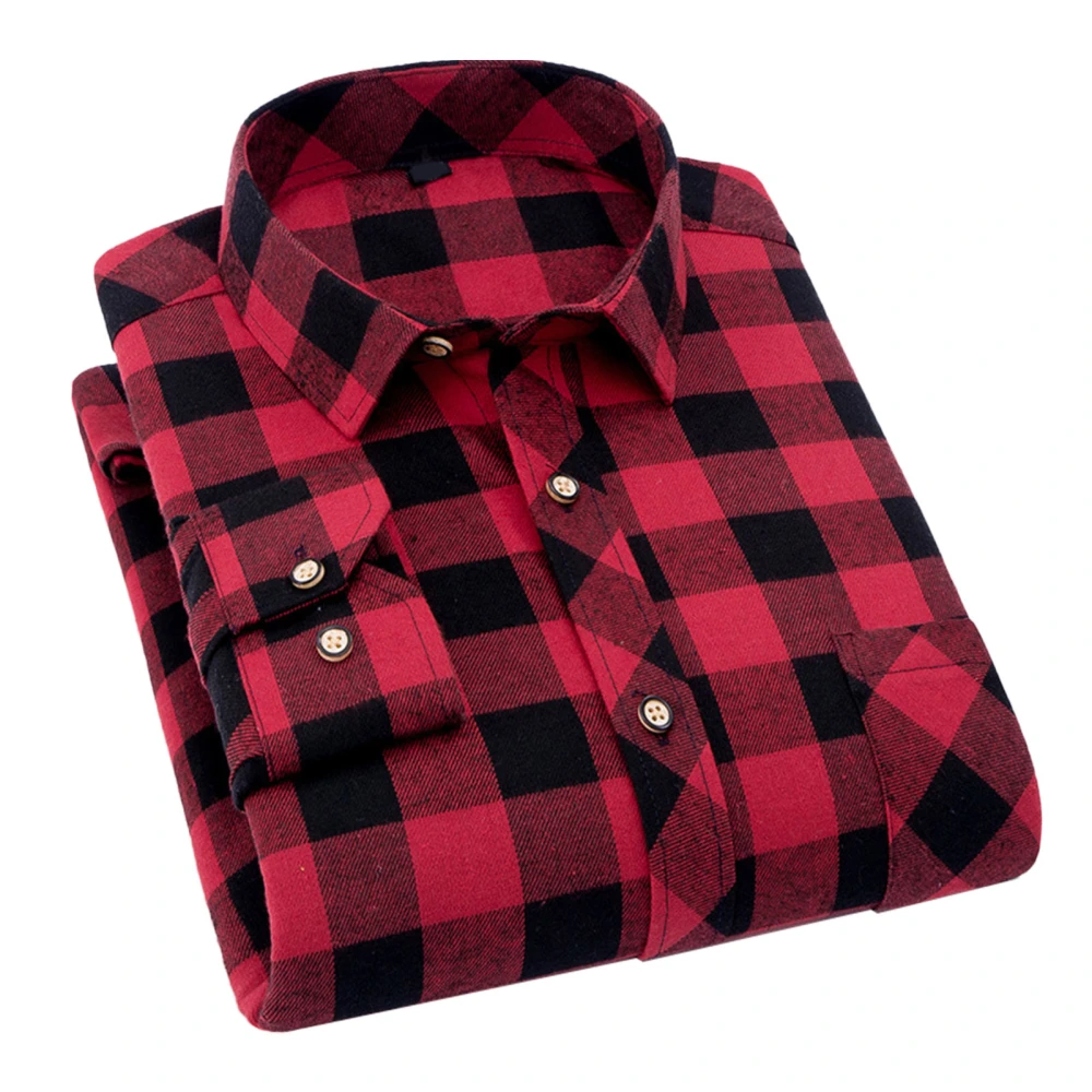 Men Plaid Shirt Turn Down Collar Long Sleeve Single Row Button Classic Top for Male Boys Red L