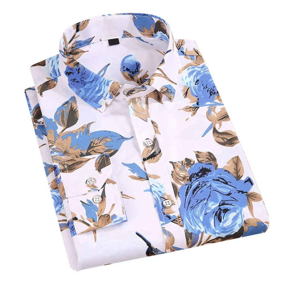 Men Shirt Turn Down Collar Printing Long Sleeve Fashionable Casual Fit Shirt for Shopping White 38