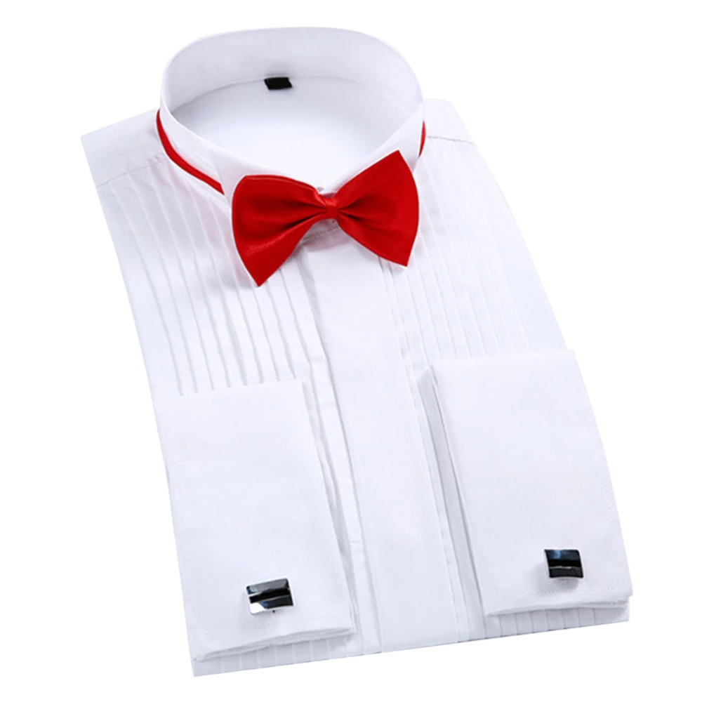 Wedding Tuxedo Shirt Wing Tip Collar with Bow Tie Pleated Shirt Cufflinks Long Sleeve Regular Top for Men White 40