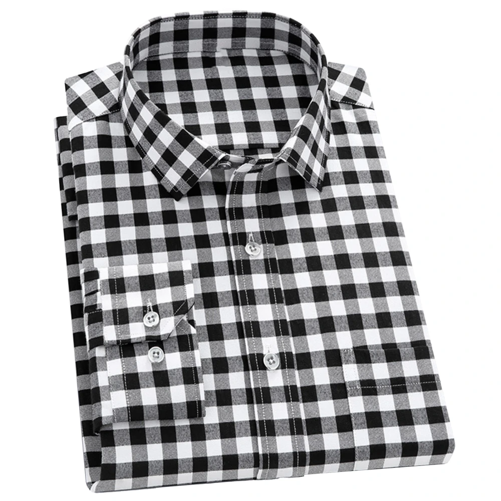 Men Plaid Shirt Lapel Collared Long Sleeve Button Down Plaid Shirt Regular Fit Men Casual Shirt for Working Daily Wear Black and White 39