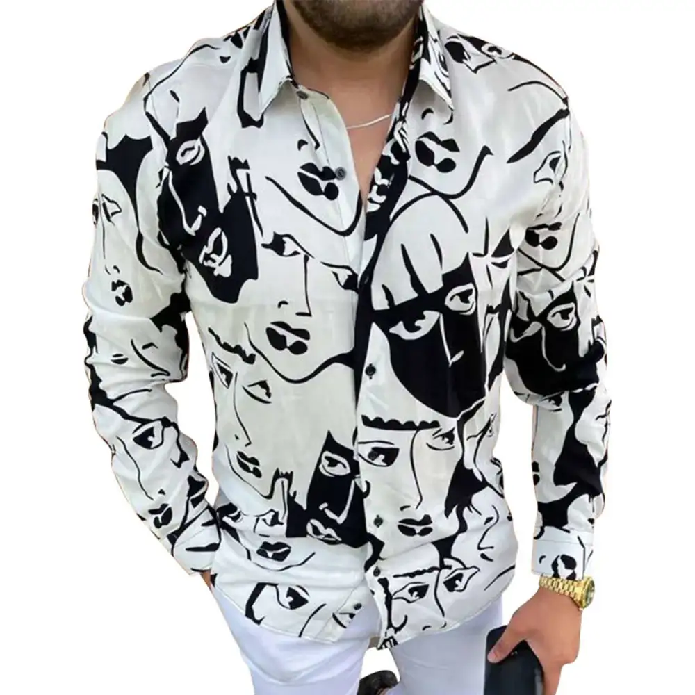 Men Print Shirt Long Sleeve Casual Jacket Lapel Single Breasted Button Down Shirt for Autumn Outfit Black and White M